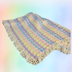 Baby Afghan Crocheted Handmade Crib Throw Blanket Pastel Rainbow Nursery